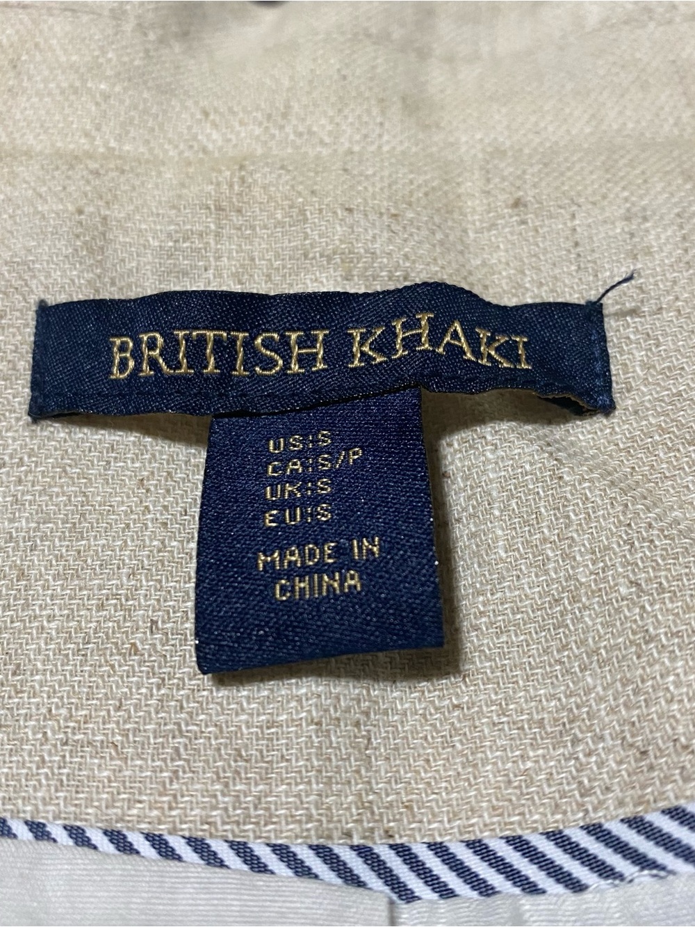 British Khaki Cream Linen-Blend Single-Button Blazer with Blue Stripe Accents S - Picture 4 of 10
